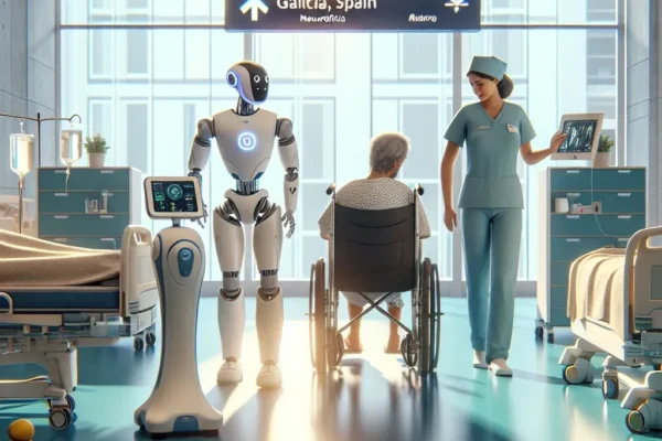 "Robot asistente en rehabilitación neurológica en hospital de Galicia, ayudando a pacientes en su proceso de recuperación"