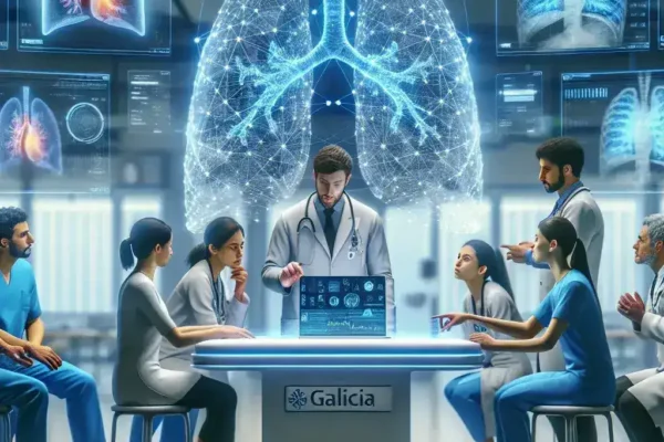 "Hospitales en Galicia implementan tecnología de inteligencia artificial para mejorar la detección de neumonía en pacientes. Imagen de un médico utilizando un software de IA en un entorno clínico."