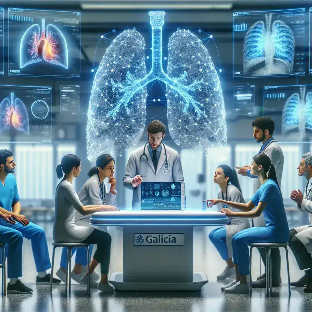 "Hospitales en Galicia implementan tecnología de inteligencia artificial para mejorar la detección de neumonía en pacientes. Imagen de un médico utilizando un software de IA en un entorno clínico."