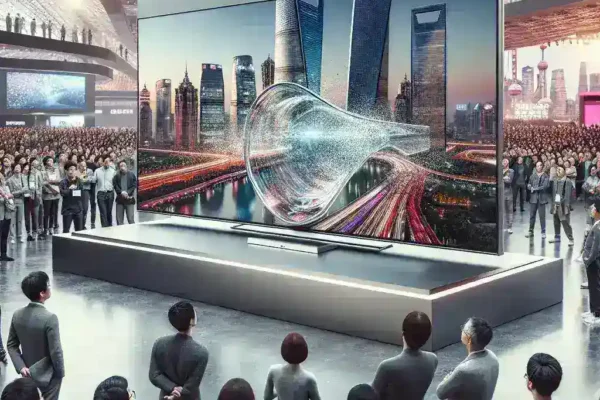 "Televisor transparente de Xiaomi exhibido en la feria de Shanghái, destacando su innovador diseño y tecnología avanzada."