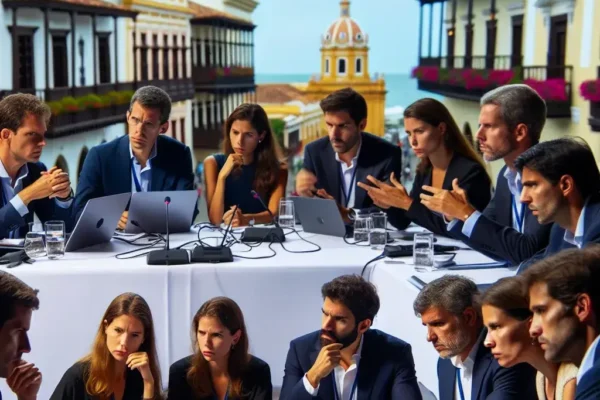 "Panel de expertos en derechos digitales en Cartagena, con ponentes españoles y latinoamericanos discutiendo sobre la protección y promoción de los derechos digitales en la era moderna."