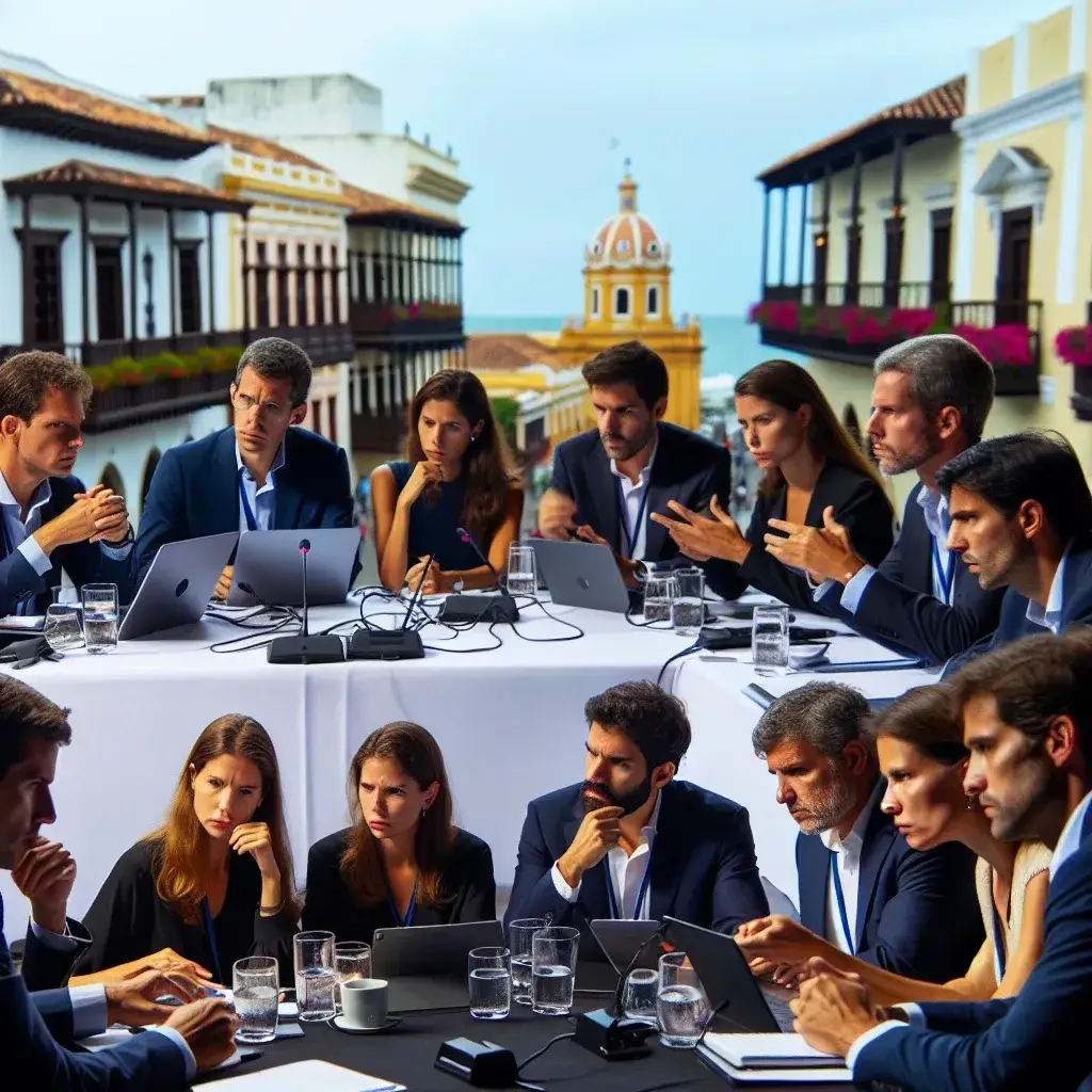 "Panel de expertos en derechos digitales en Cartagena, con ponentes españoles y latinoamericanos discutiendo sobre la protección y promoción de los derechos digitales en la era moderna."